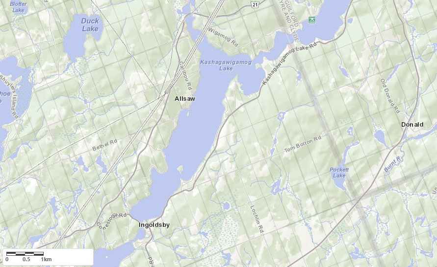 Topographical Map of Kashagawigamog Lake in Municipality of Minden and the District of Haliburton